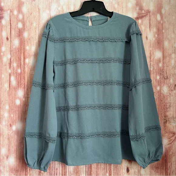 Grace Karin Blue Lace Ruffle Crewneck Blouse Size L - Picture 2 of 12